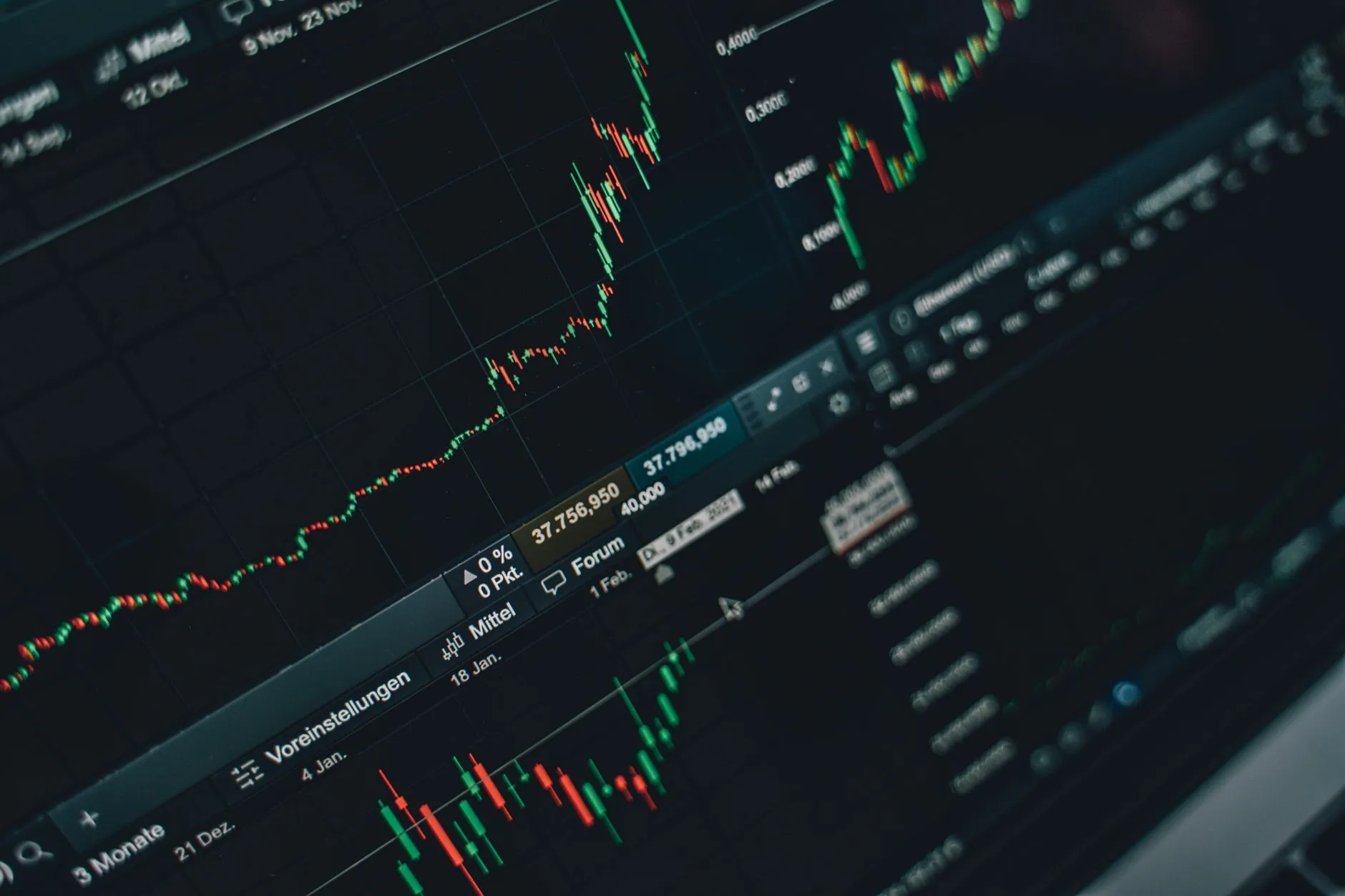 Cryptocurrency trading screen showing candlestick price charts and a market side panel